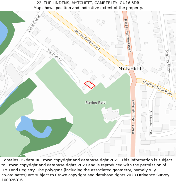 22, THE LINDENS, MYTCHETT, CAMBERLEY, GU16 6DR: Location map and indicative extent of plot