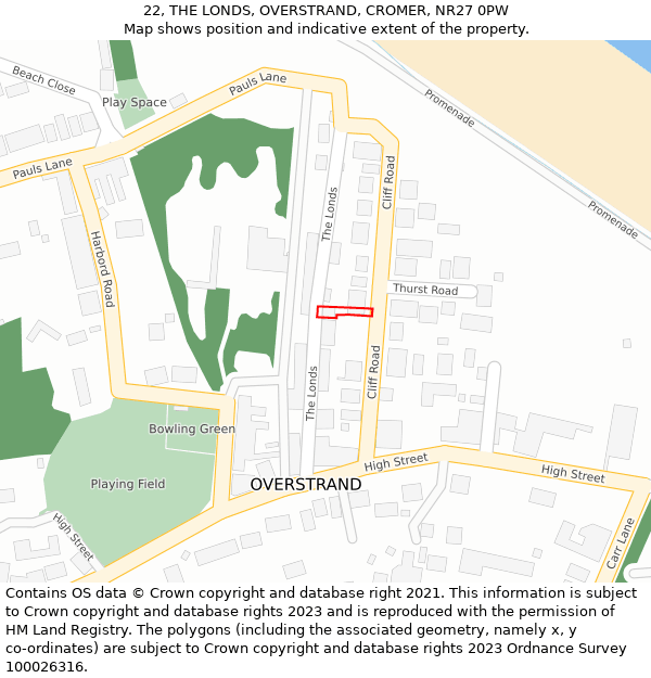 22, THE LONDS, OVERSTRAND, CROMER, NR27 0PW: Location map and indicative extent of plot