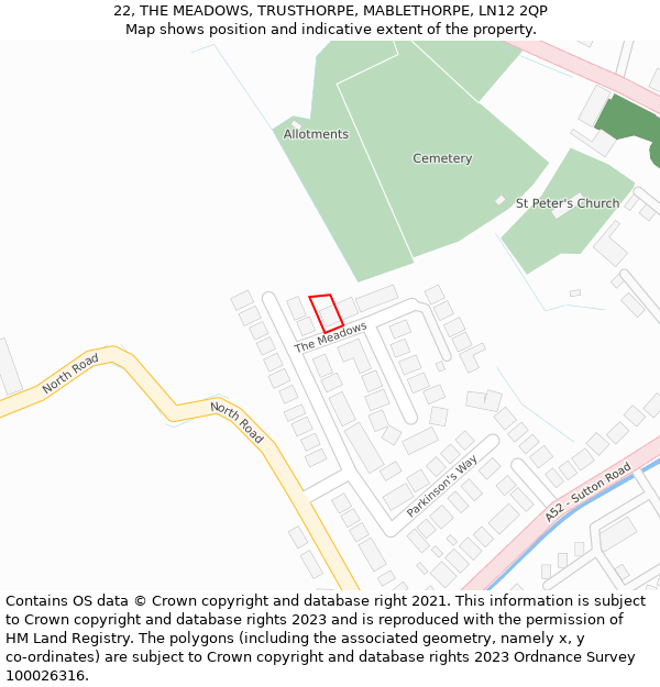 22, THE MEADOWS, TRUSTHORPE, MABLETHORPE, LN12 2QP: Location map and indicative extent of plot