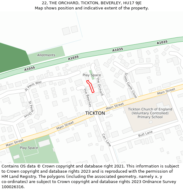 22, THE ORCHARD, TICKTON, BEVERLEY, HU17 9JE: Location map and indicative extent of plot