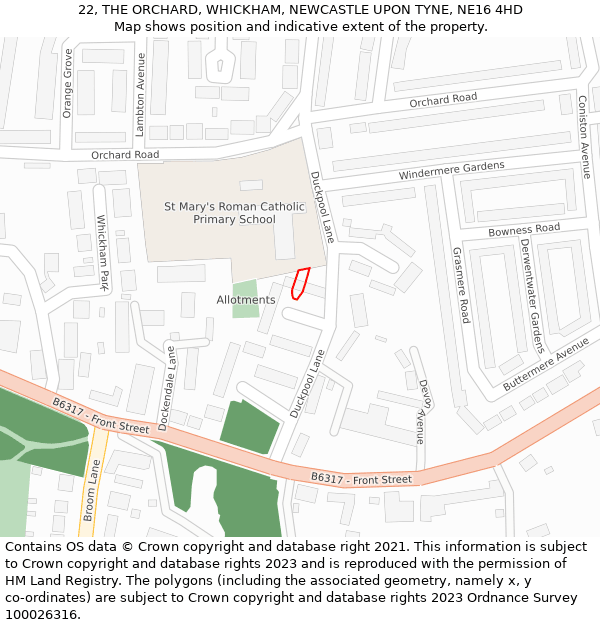 22, THE ORCHARD, WHICKHAM, NEWCASTLE UPON TYNE, NE16 4HD: Location map and indicative extent of plot