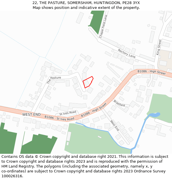 22, THE PASTURE, SOMERSHAM, HUNTINGDON, PE28 3YX: Location map and indicative extent of plot