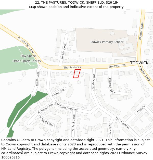 22, THE PASTURES, TODWICK, SHEFFIELD, S26 1JH: Location map and indicative extent of plot