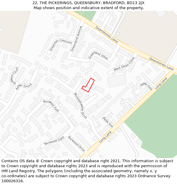 22, THE PICKERINGS, QUEENSBURY, BRADFORD, BD13 2JX: Location map and indicative extent of plot