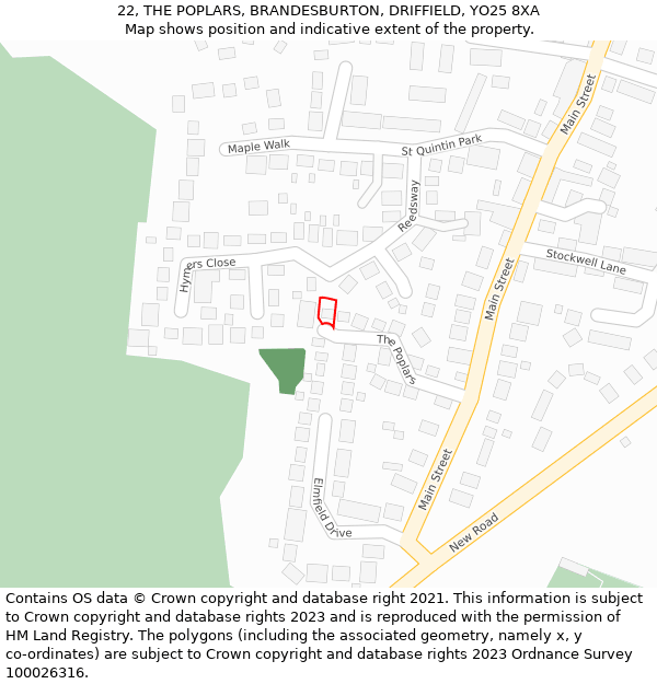 22, THE POPLARS, BRANDESBURTON, DRIFFIELD, YO25 8XA: Location map and indicative extent of plot