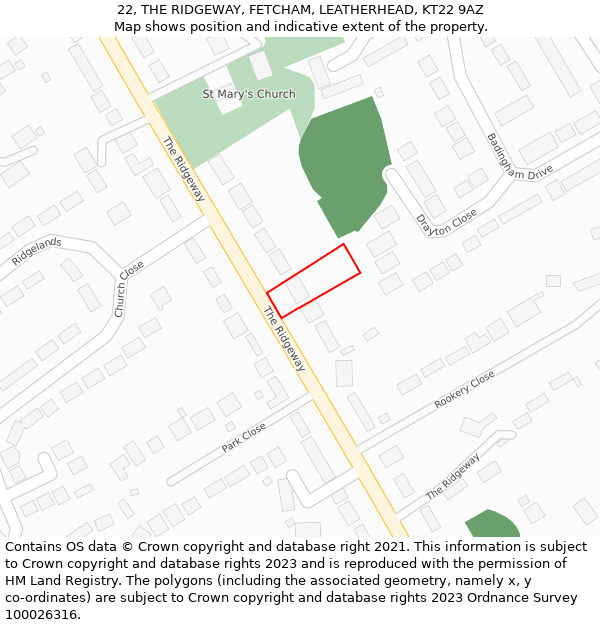 22, THE RIDGEWAY, FETCHAM, LEATHERHEAD, KT22 9AZ: Location map and indicative extent of plot