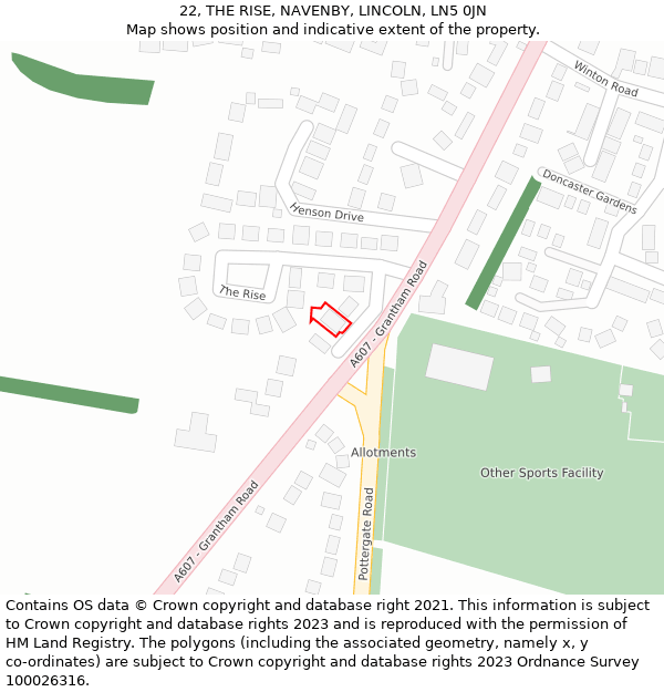 22, THE RISE, NAVENBY, LINCOLN, LN5 0JN: Location map and indicative extent of plot