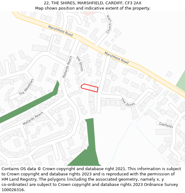 22, THE SHIRES, MARSHFIELD, CARDIFF, CF3 2AX: Location map and indicative extent of plot