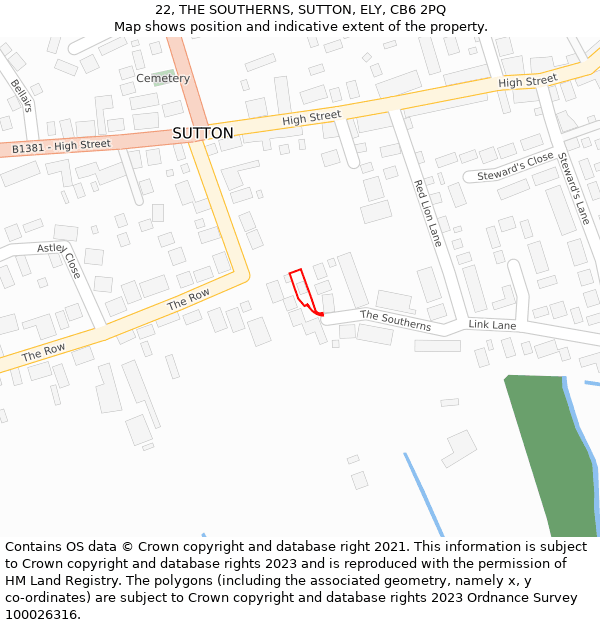 22, THE SOUTHERNS, SUTTON, ELY, CB6 2PQ: Location map and indicative extent of plot