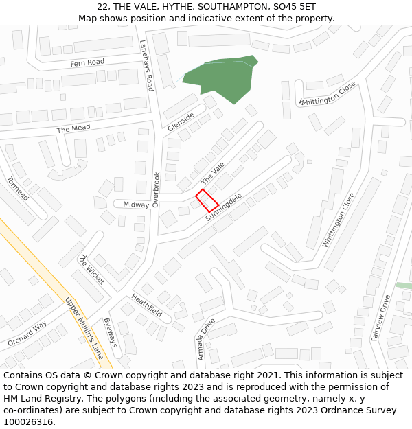 22, THE VALE, HYTHE, SOUTHAMPTON, SO45 5ET: Location map and indicative extent of plot