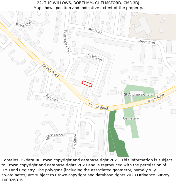 22, THE WILLOWS, BOREHAM, CHELMSFORD, CM3 3DJ: Location map and indicative extent of plot