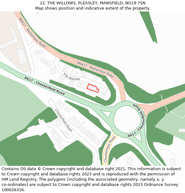 22, THE WILLOWS, PLEASLEY, MANSFIELD, NG19 7SN: Location map and indicative extent of plot