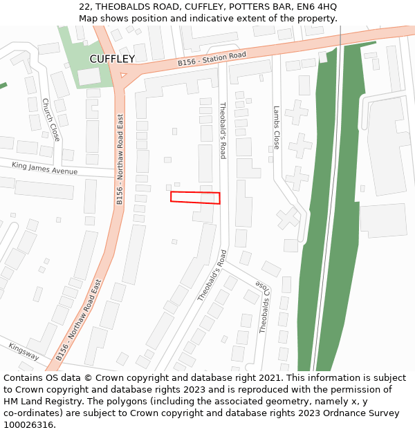 22, THEOBALDS ROAD, CUFFLEY, POTTERS BAR, EN6 4HQ: Location map and indicative extent of plot