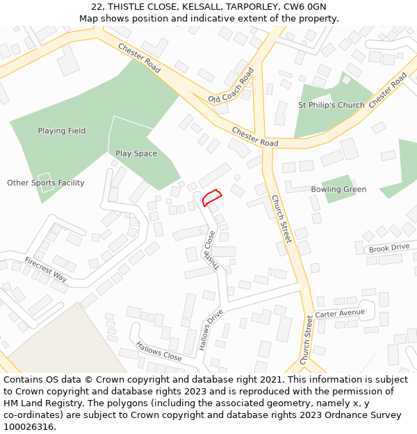 22, THISTLE CLOSE, KELSALL, TARPORLEY, CW6 0GN: Location map and indicative extent of plot