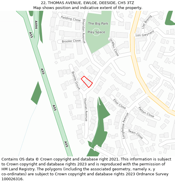 22, THOMAS AVENUE, EWLOE, DEESIDE, CH5 3TZ: Location map and indicative extent of plot