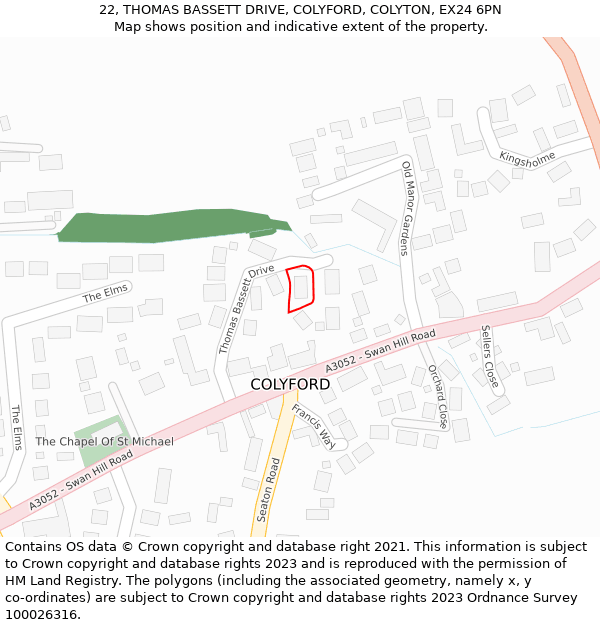 22, THOMAS BASSETT DRIVE, COLYFORD, COLYTON, EX24 6PN: Location map and indicative extent of plot