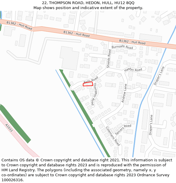 22, THOMPSON ROAD, HEDON, HULL, HU12 8QQ: Location map and indicative extent of plot