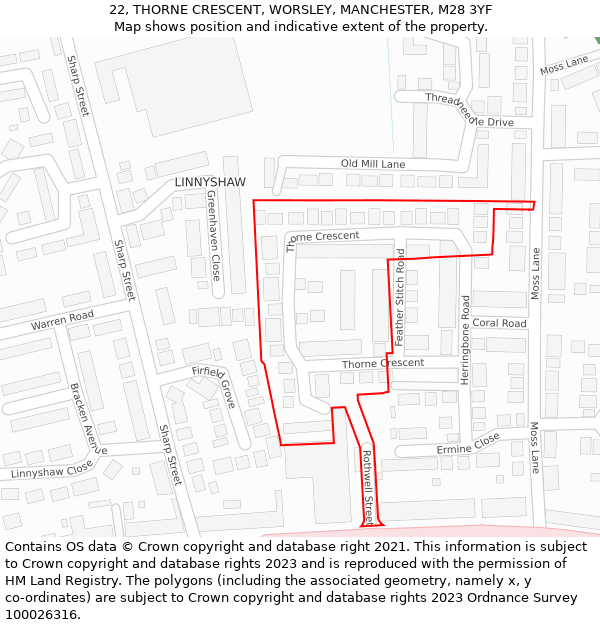 22, THORNE CRESCENT, WORSLEY, MANCHESTER, M28 3YF: Location map and indicative extent of plot