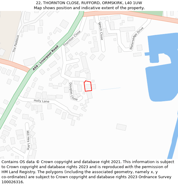 22, THORNTON CLOSE, RUFFORD, ORMSKIRK, L40 1UW: Location map and indicative extent of plot