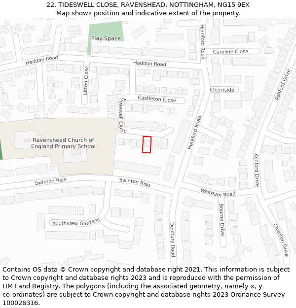 22, TIDESWELL CLOSE, RAVENSHEAD, NOTTINGHAM, NG15 9EX: Location map and indicative extent of plot