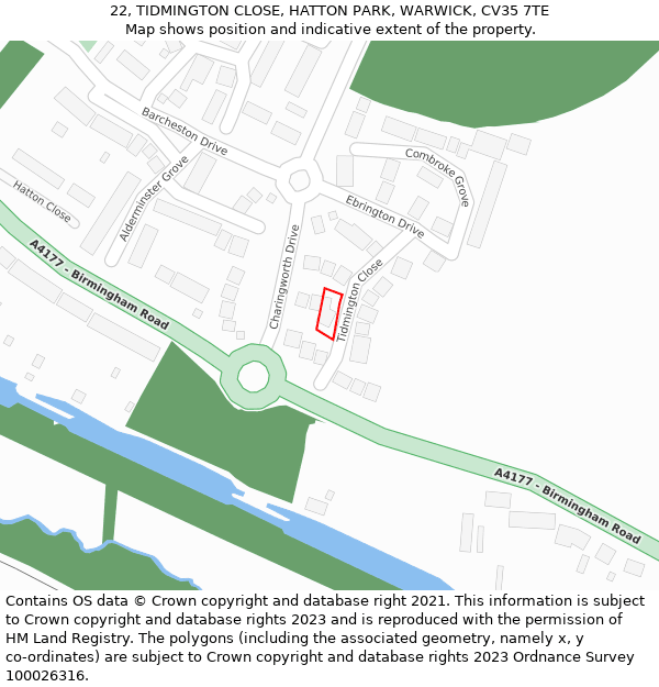 22, TIDMINGTON CLOSE, HATTON PARK, WARWICK, CV35 7TE: Location map and indicative extent of plot
