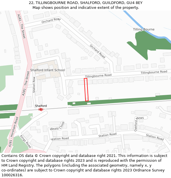 22, TILLINGBOURNE ROAD, SHALFORD, GUILDFORD, GU4 8EY: Location map and indicative extent of plot