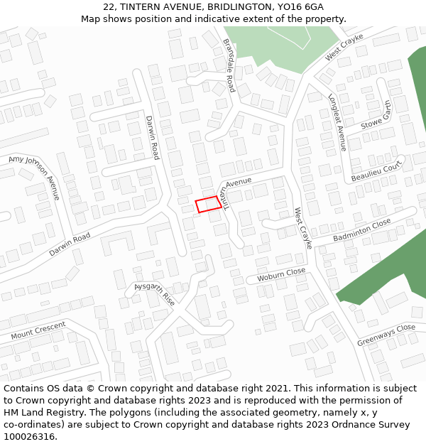 22, TINTERN AVENUE, BRIDLINGTON, YO16 6GA: Location map and indicative extent of plot