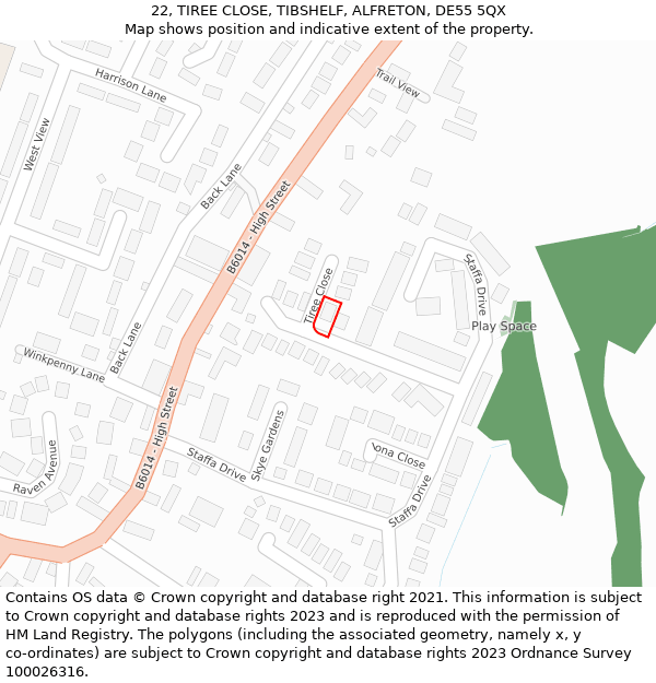 22, TIREE CLOSE, TIBSHELF, ALFRETON, DE55 5QX: Location map and indicative extent of plot