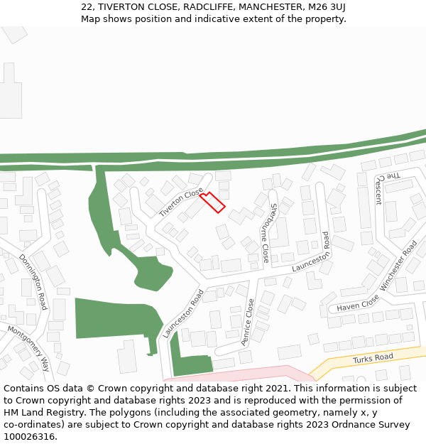 22, TIVERTON CLOSE, RADCLIFFE, MANCHESTER, M26 3UJ: Location map and indicative extent of plot