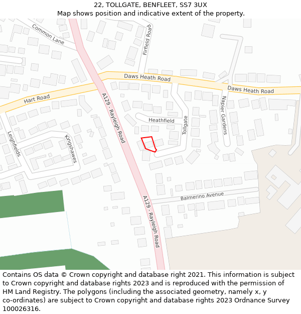 22, TOLLGATE, BENFLEET, SS7 3UX: Location map and indicative extent of plot