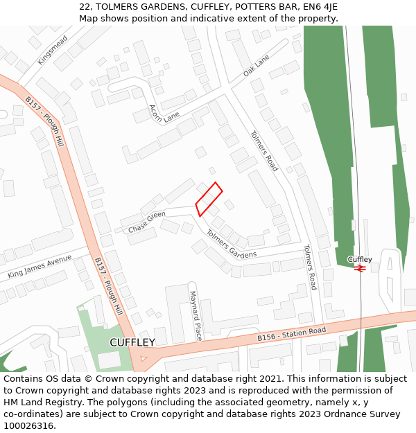 22, TOLMERS GARDENS, CUFFLEY, POTTERS BAR, EN6 4JE: Location map and indicative extent of plot