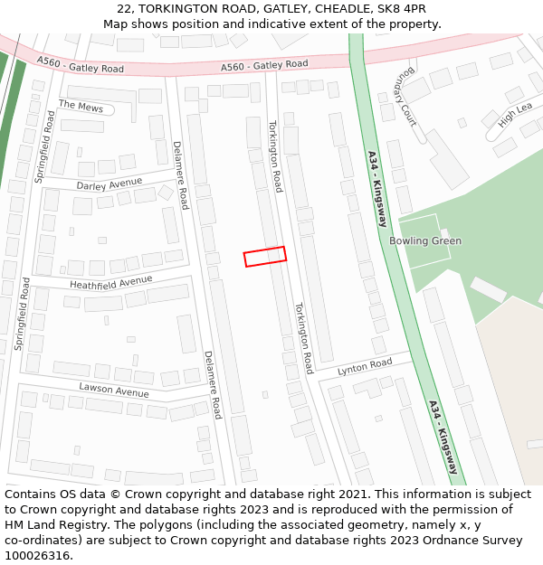 22, TORKINGTON ROAD, GATLEY, CHEADLE, SK8 4PR: Location map and indicative extent of plot