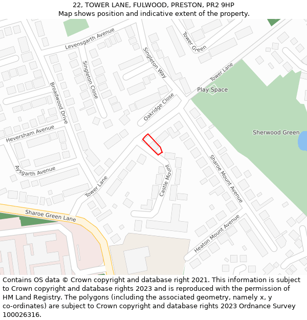 22, TOWER LANE, FULWOOD, PRESTON, PR2 9HP: Location map and indicative extent of plot