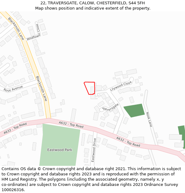 22, TRAVERSGATE, CALOW, CHESTERFIELD, S44 5FH: Location map and indicative extent of plot