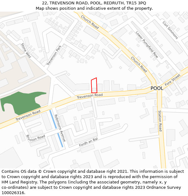 22, TREVENSON ROAD, POOL, REDRUTH, TR15 3PQ: Location map and indicative extent of plot