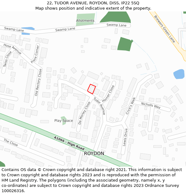 22, TUDOR AVENUE, ROYDON, DISS, IP22 5SQ: Location map and indicative extent of plot