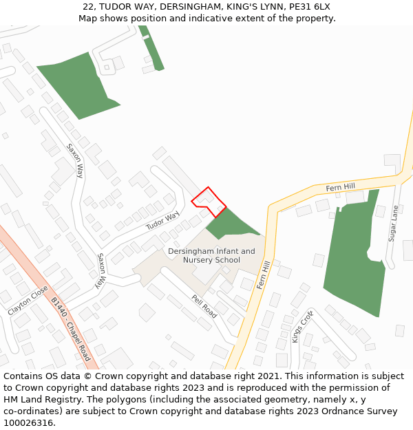 22, TUDOR WAY, DERSINGHAM, KING'S LYNN, PE31 6LX: Location map and indicative extent of plot