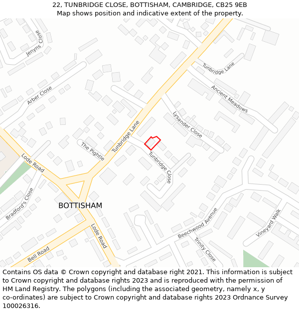 22, TUNBRIDGE CLOSE, BOTTISHAM, CAMBRIDGE, CB25 9EB: Location map and indicative extent of plot