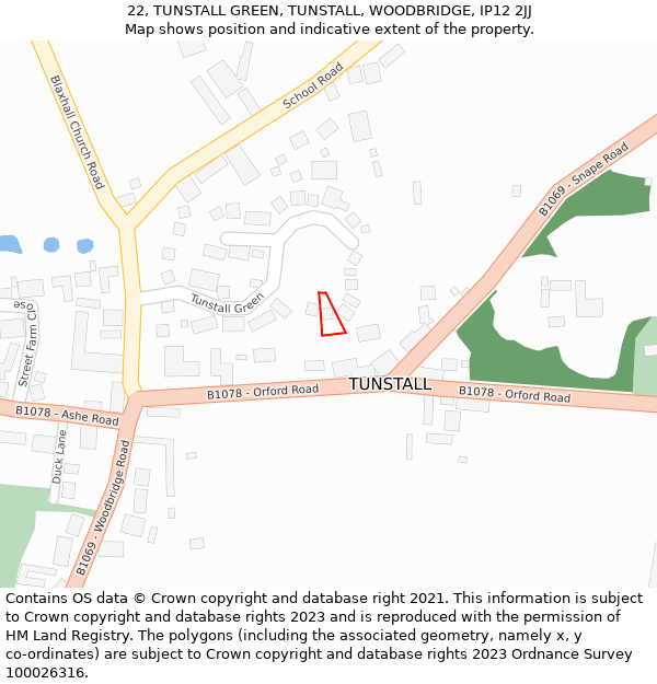 22, TUNSTALL GREEN, TUNSTALL, WOODBRIDGE, IP12 2JJ: Location map and indicative extent of plot