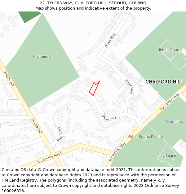 22, TYLERS WAY, CHALFORD HILL, STROUD, GL6 8ND: Location map and indicative extent of plot