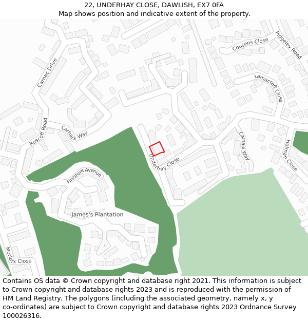 22, UNDERHAY CLOSE, DAWLISH, EX7 0FA: Location map and indicative extent of plot