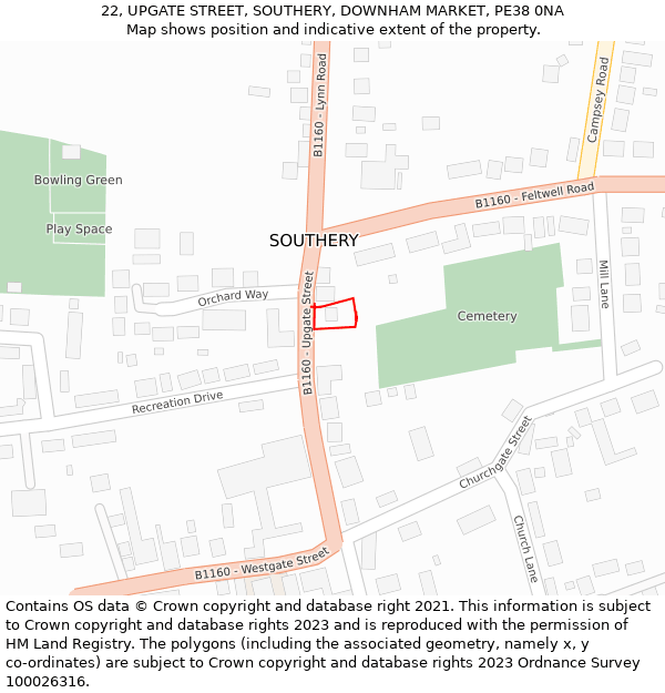 22, UPGATE STREET, SOUTHERY, DOWNHAM MARKET, PE38 0NA: Location map and indicative extent of plot