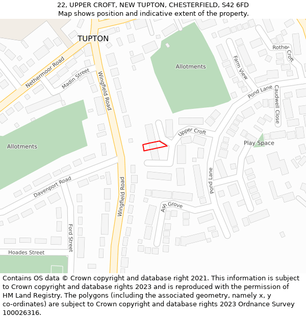 22, UPPER CROFT, NEW TUPTON, CHESTERFIELD, S42 6FD: Location map and indicative extent of plot