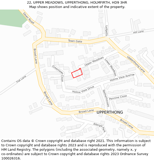 22, UPPER MEADOWS, UPPERTHONG, HOLMFIRTH, HD9 3HR: Location map and indicative extent of plot