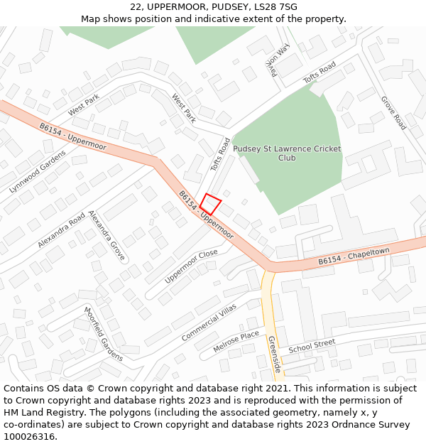 22, UPPERMOOR, PUDSEY, LS28 7SG: Location map and indicative extent of plot