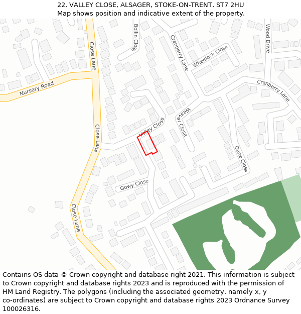 22, VALLEY CLOSE, ALSAGER, STOKE-ON-TRENT, ST7 2HU: Location map and indicative extent of plot