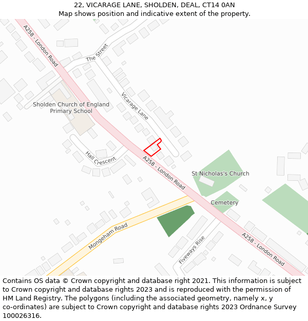 22, VICARAGE LANE, SHOLDEN, DEAL, CT14 0AN: Location map and indicative extent of plot