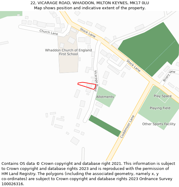 22, VICARAGE ROAD, WHADDON, MILTON KEYNES, MK17 0LU: Location map and indicative extent of plot