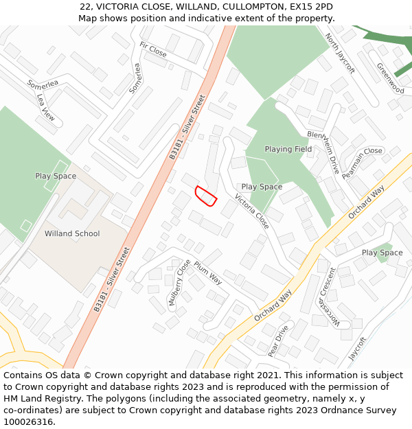 22, VICTORIA CLOSE, WILLAND, CULLOMPTON, EX15 2PD: Location map and indicative extent of plot