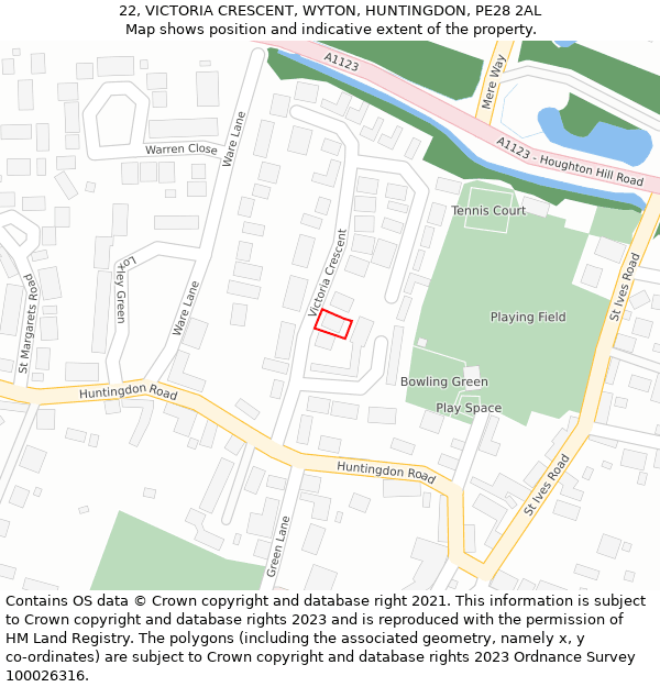 22, VICTORIA CRESCENT, WYTON, HUNTINGDON, PE28 2AL: Location map and indicative extent of plot